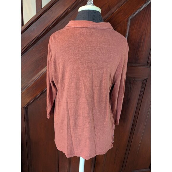 Tahari Rust Linen Long Sleeve Collared V-Neck Top W/ Button Detail Womens M - Picture 4 of 8